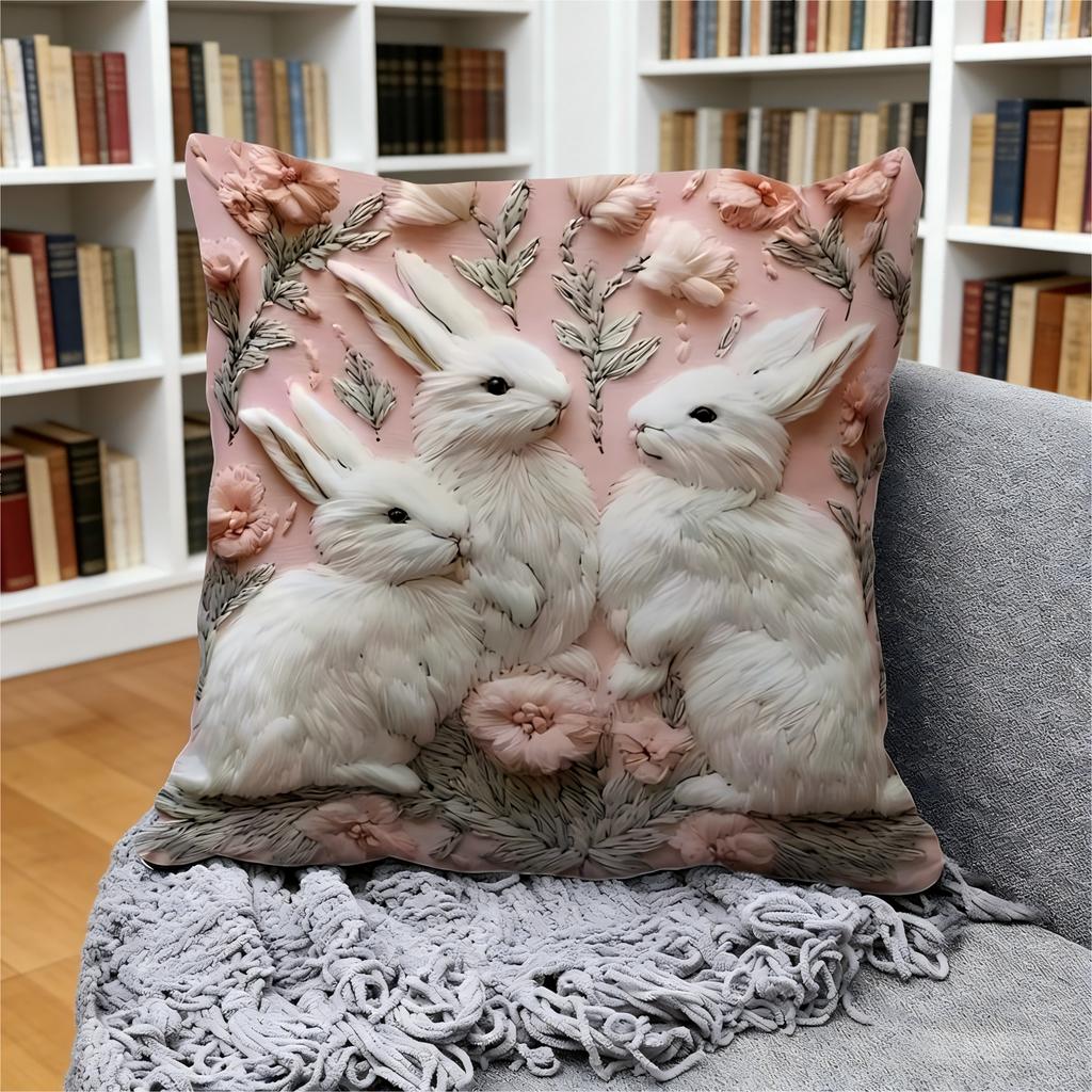 Easter Three Bunny Pillow Cover Faux Embroidery 2D Print Floral Spring Decor Soft Cozy For Sofa Bed Living Room Romantic Gifts