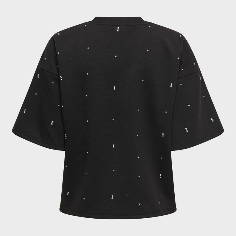 Tee shirt noir col rond manches 3/4 avec strass blancs Femme ONLY