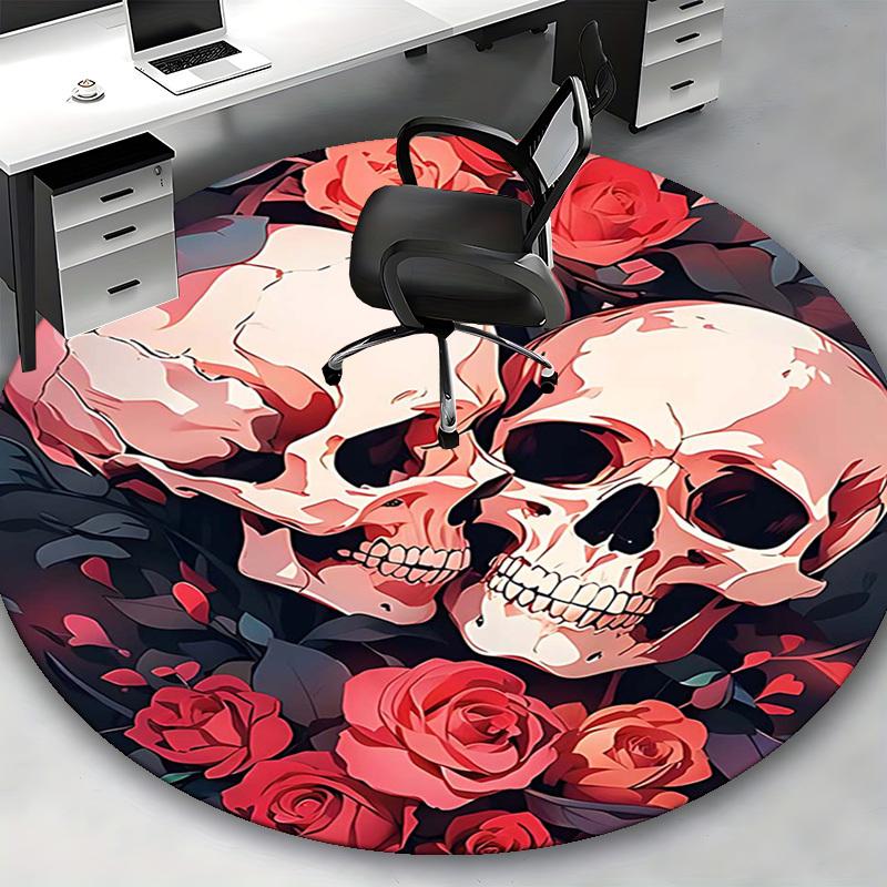 1pc Skulls & Roses Round Carpet Anime Design Office Chair Mat, Non Slip Rug for Home Decor, Gift, Office, Living Room, Bedroom