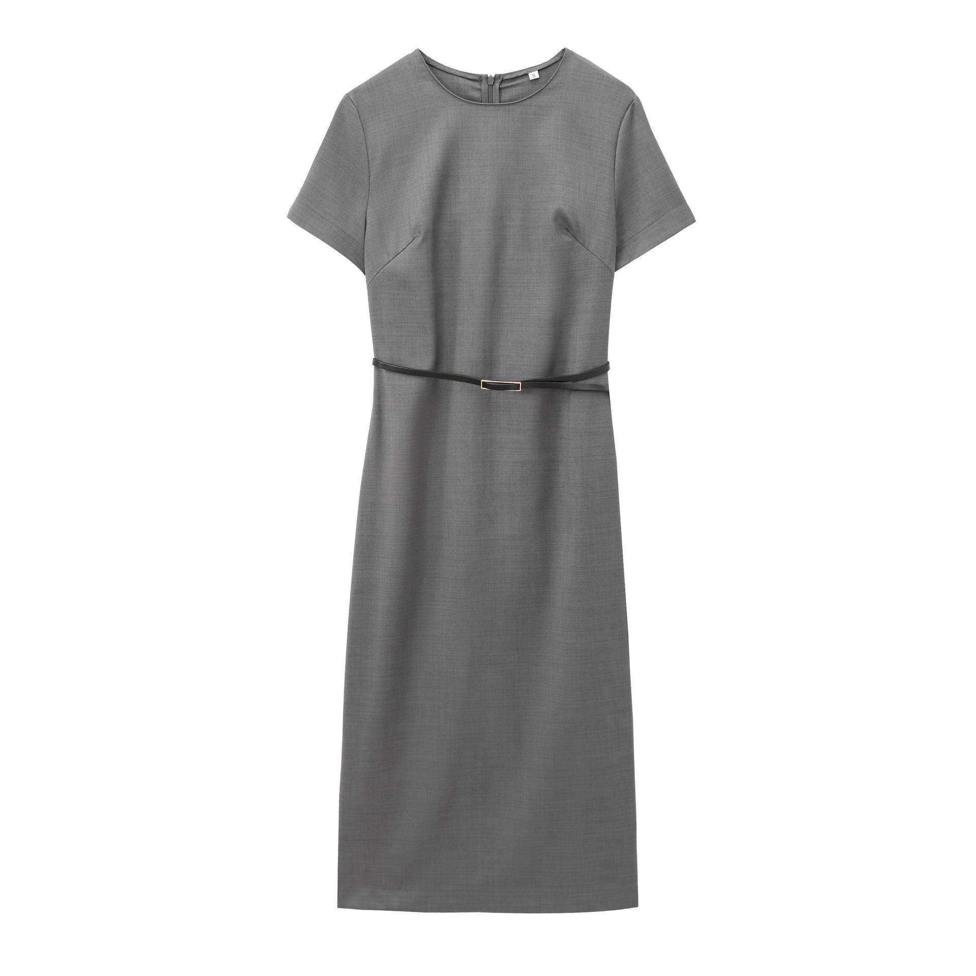 

2025 Spring European & American Style Women s Midi Dress: French Design, Versatile Waist Belt, Short Sleeve, Round Neck Small
