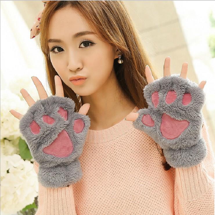Unisex Cartoon Cat Claw Fingerless Winter Gloves – Cute, Thick Bear Paw Plush for Warmth