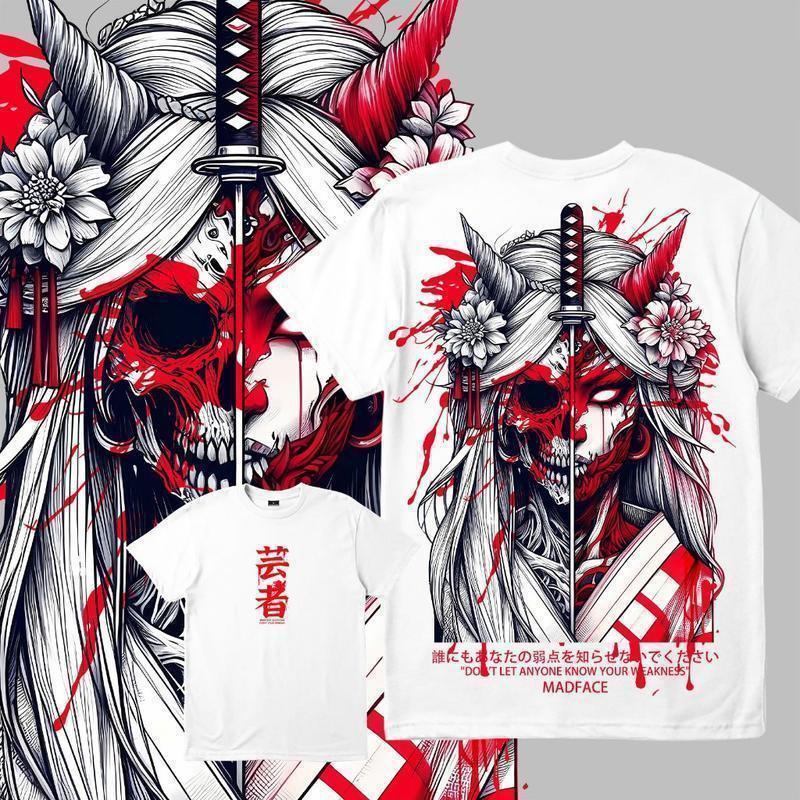 Edgy Japanese Oni Geisha Tattoo Tee with Samurai Sword and Red Floral Print Men's T-shirt Summer Casual Wear