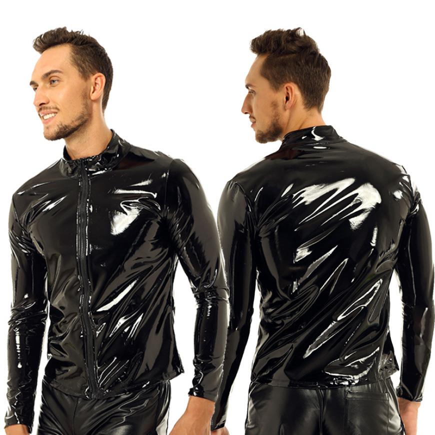 Men Shiny Metallic Long Sleeve Front-Zip Stand Collar Tops Wet Look Patent Leather Nightclub Style T-shirt Top Coat
