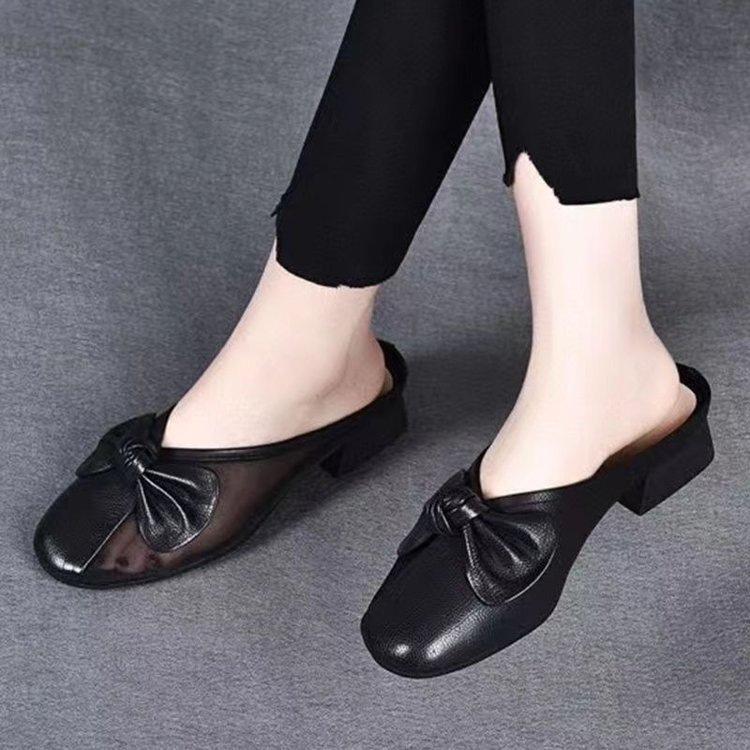 Zapatillas piel suave zapatillas frescas bolsa exterior cabeza verano nuevo malla tacón bajo zapatos sencillos