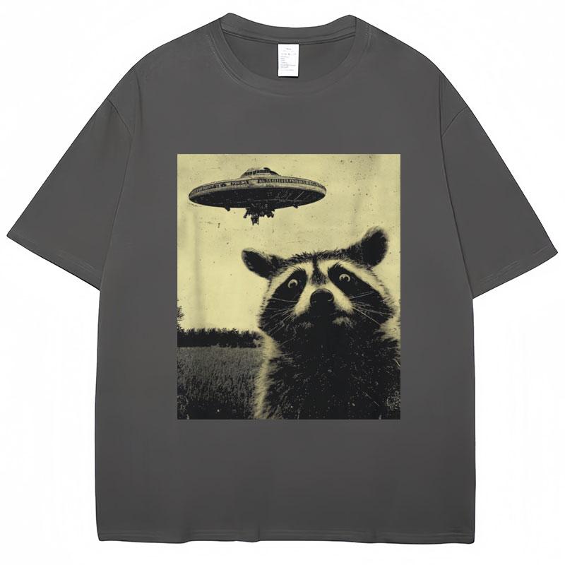 Raccoon Selfie UFO Funny Print T Shirt Men Women Novelty T Shirts 100% Cotton Oversized Casual Summer O-Neck T-shirts