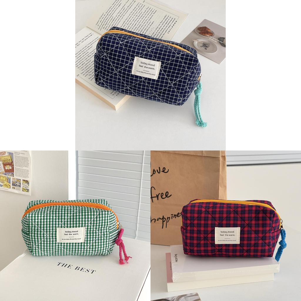 Classic Gingham Octagon Pencil Case With Cotton Material For Daily Use And Travel