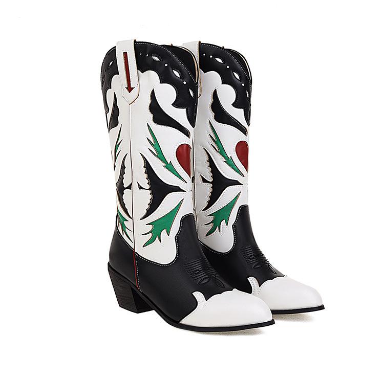 women's leather boots embroidered medium boots low heel color matching boots