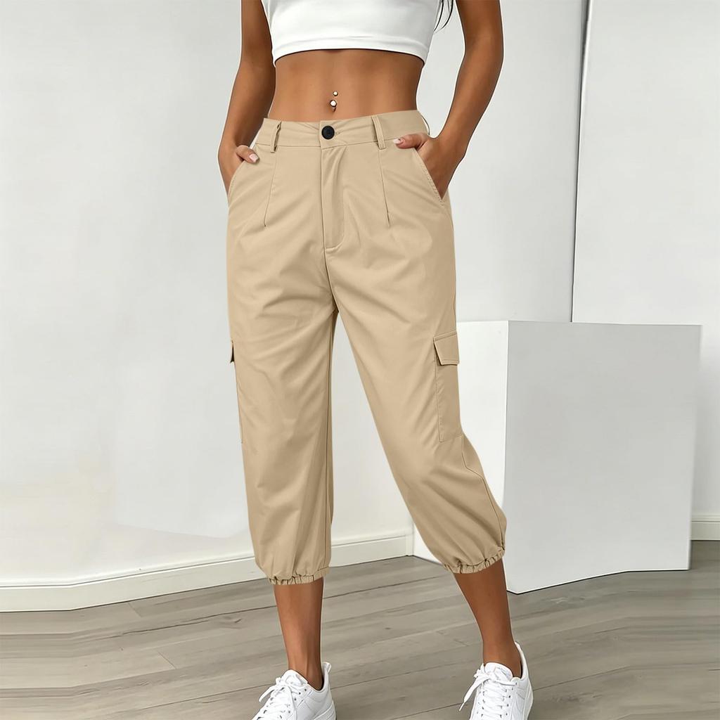 Women Casual Cargo Pants with Pockets Elastic Hem Adjustable Waistband Lightweight Durable Fabric Relaxed Fit