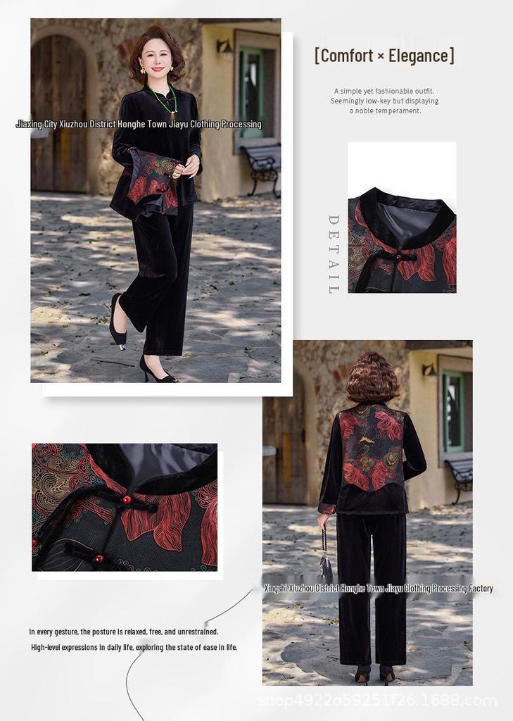 Women's Golden Velvet Vest & Suit: Middle-Aged/Elderly Spring Three-Piece Set - Chinese National Style