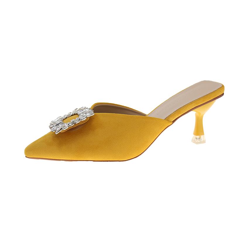 Fashion Shoes Female 2025 Summer New Women’s Closed Toe Slippers Fashion Crystal Square Button Slippers Thin Heels for Daily & Dress