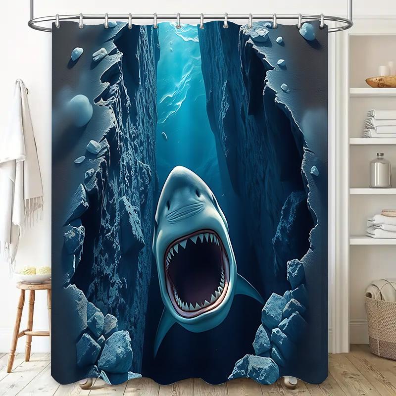 3D Shark Passing Through Rock Cave Print Waterproof Polyester Shower Curtain For Bathroom Decor With Hooks Complimentary Hook