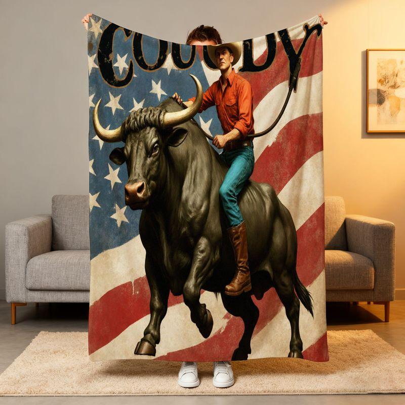 Top Pick Cowboy Western Blanket - American Flag Bull Design All-Season 4th of July Rodeo Home Decor Throw 75X95CM