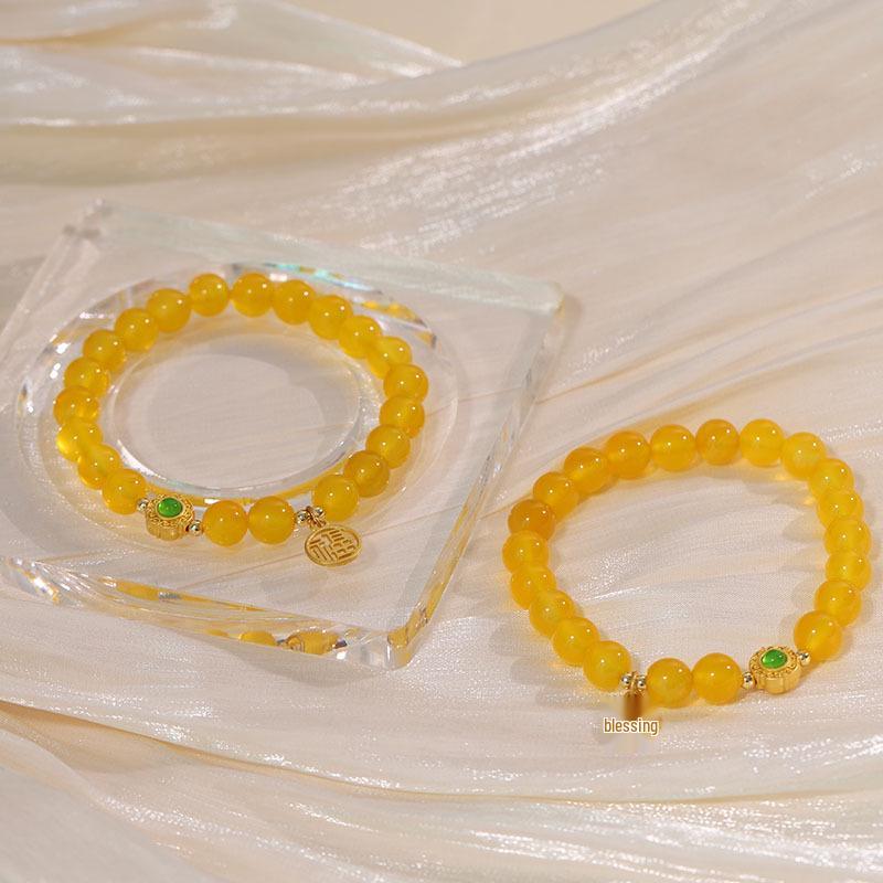 Natural Yellow Agate Bracelet: Fu Character Beaded, Versatile Chicken Fat Yellow Design for Women, Best Friend Gift, Simple High-Grade Small Ornament.