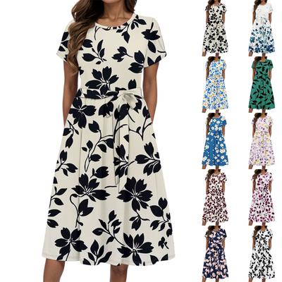Women's Summer Fashion Round Neck Casual Plant Floral Print Short Sleeve Dress
