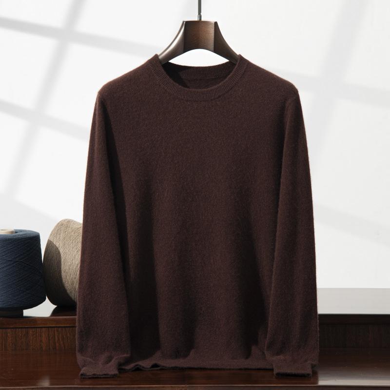2025 new cashmere shirt men's round neck solid color pullover sweater with knitting inside