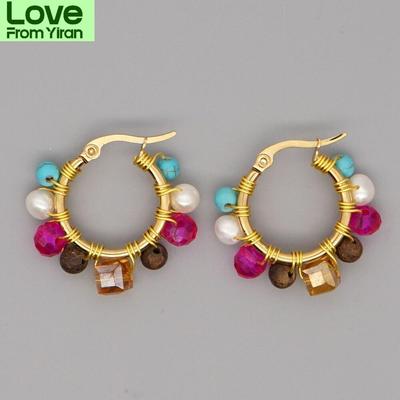 Boucles d'oreilles en cristal pour femmes, bijoux bohème, bijoux tendance en perles de pierre naturelle, boucles d'oreilles bohèmes, boucles d'oreilles créoles en or
