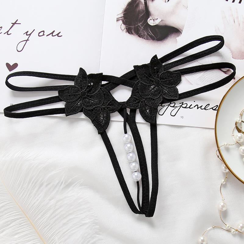 Women Sexy Lace Panties Thongs Pearl Pendant Lace Embroidery G-String T-Back Briefs Underwear Adjustable Ladies Panties Lingerie