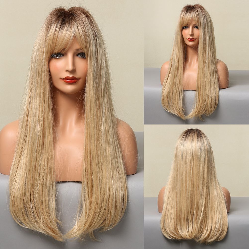 HAIRCUBE Lange gerade blonde synthetische Perücken mit Pony für Frauen, tägliche Cosplay-Perücken, hitzebeständige Perücken mit natürlichem Haaransatz