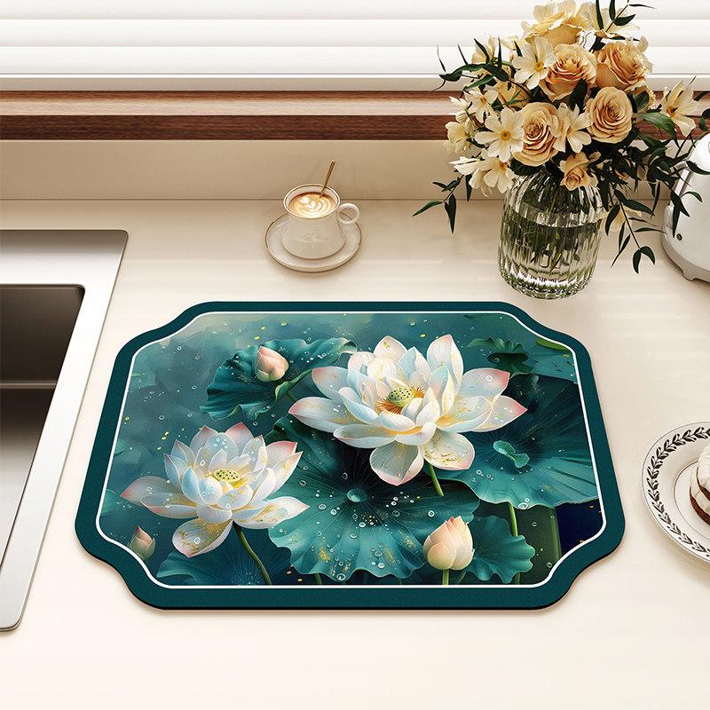 Chinese-Style Irregular Flower & Bird Diatom Mud Coffee Mat: Stain-Resistant, Easy-Clean, Non-Slip Kitchen Draining Mat