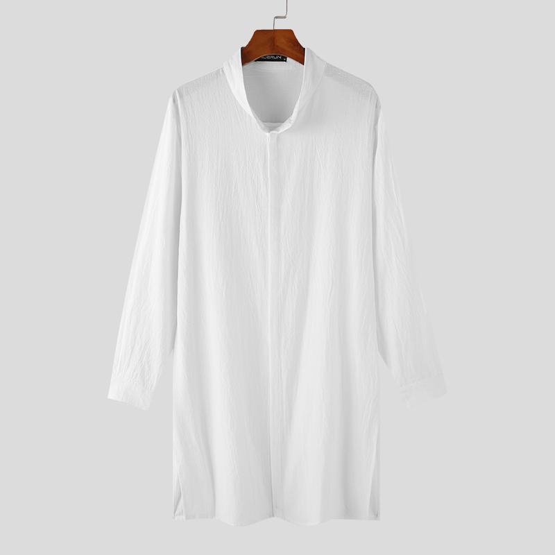 

INCERUN Винтажные мужские рубашки с длинным рукавом, однотонные, на пуговицах, с воротником-стойкой, длинные 3XL белый