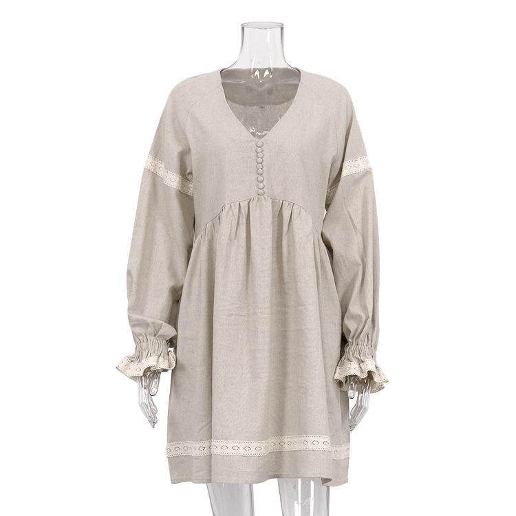 French Skirt Style Commuter V-neck Lantern Sleeve Loose Dress