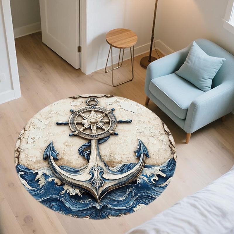 Anchor and Ship's Wheel,Round Area Rug,Carpet Rug for Living Room Bedroom Sofa Playroom Decor,Non-slip Floor Mat