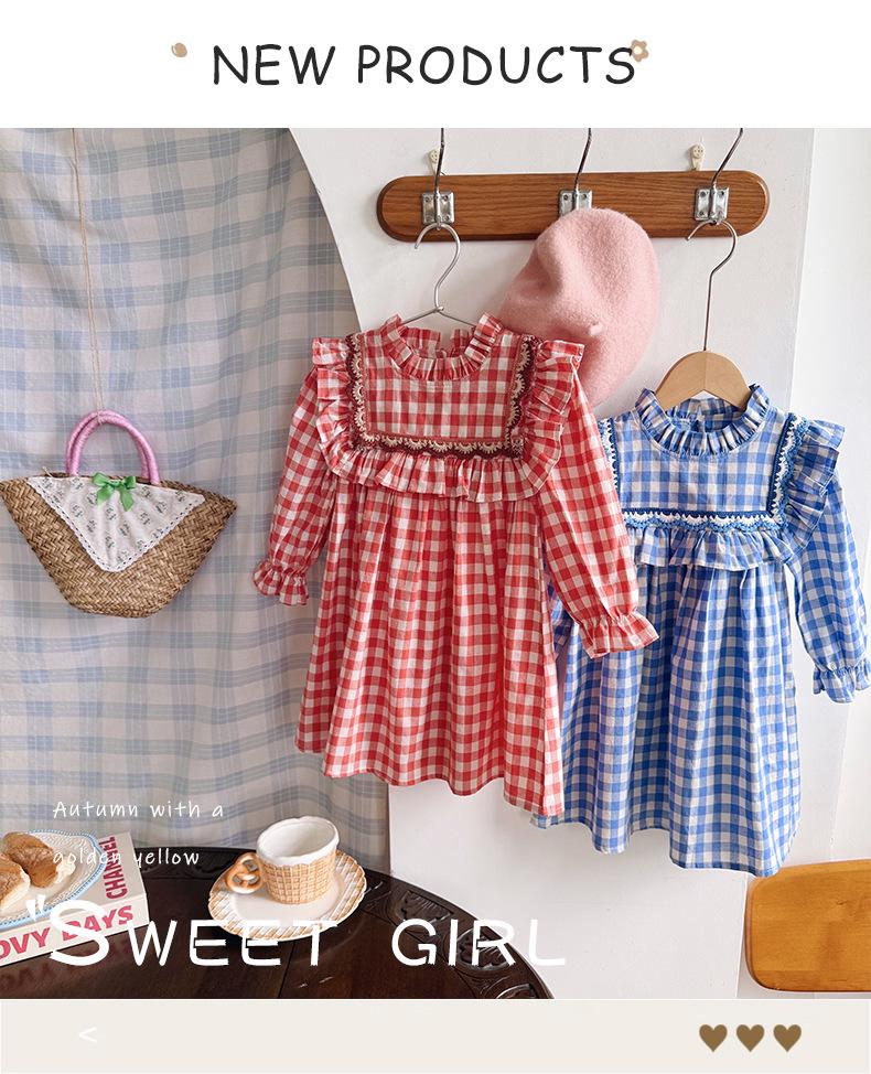 Korean Spring 2026 Plaid Dress for Girls - Lace & Lotus Leaf Collar, Long Sleeve Skirt