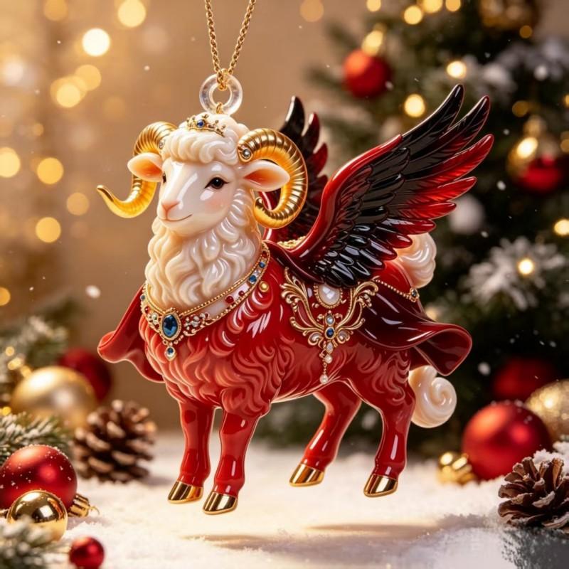 2D Flat Acrylic Hanging Ornament Red Gold Winged Goat Acrylic Pendant Christmas Tree Decoration Lunar New Year Holiday Gift