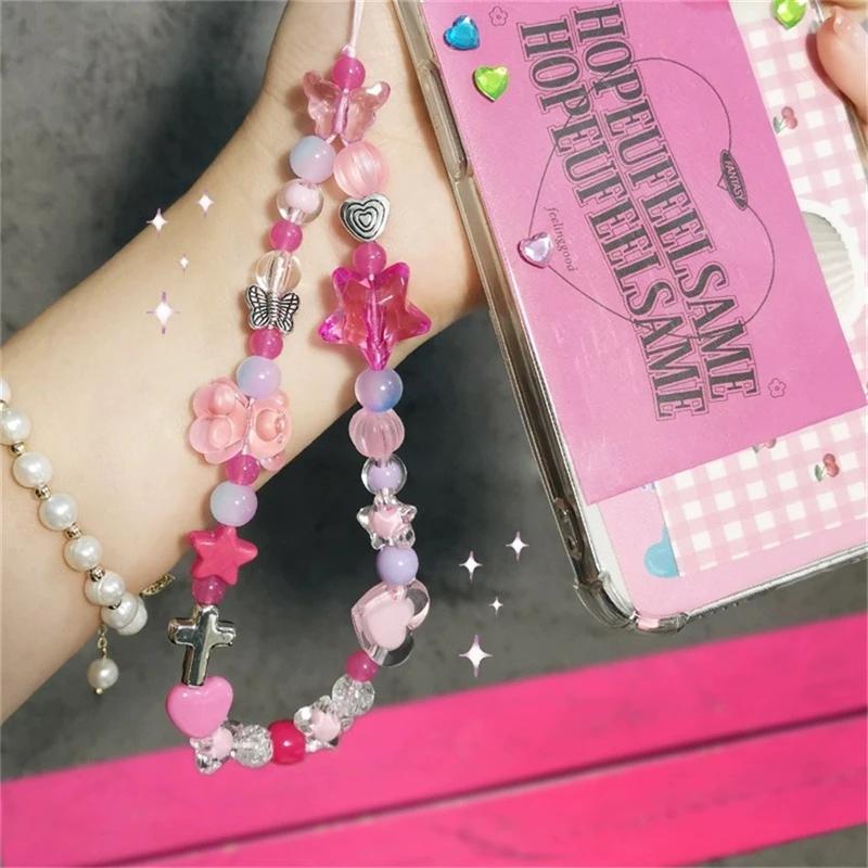 Star Pink Bear Heart Beads Phone Cute Charm Chain Lanyard for IPhone 16 Samsung Accessories Hanging Rope Girl Jewelry