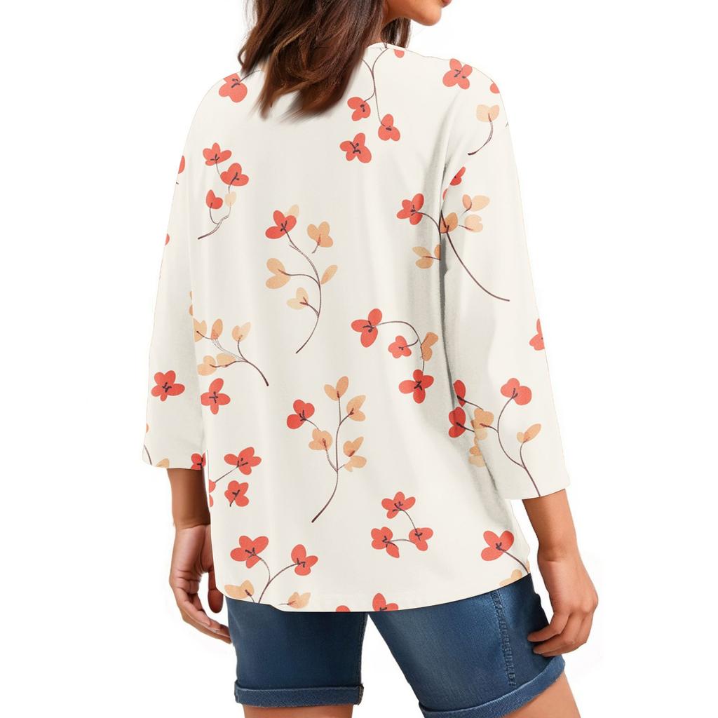 Women's Tops Three-quarter Sleeve Shirt V-neck Loose Casual Shirt Floral Printed T-shirt