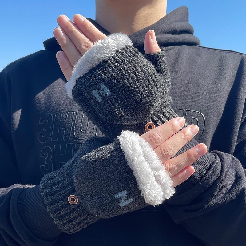 Gloves Men's Winter Half Finger Flip Student Warm Fleece Thickened Writing Fingerless Half Open Finger Cycling Cycling