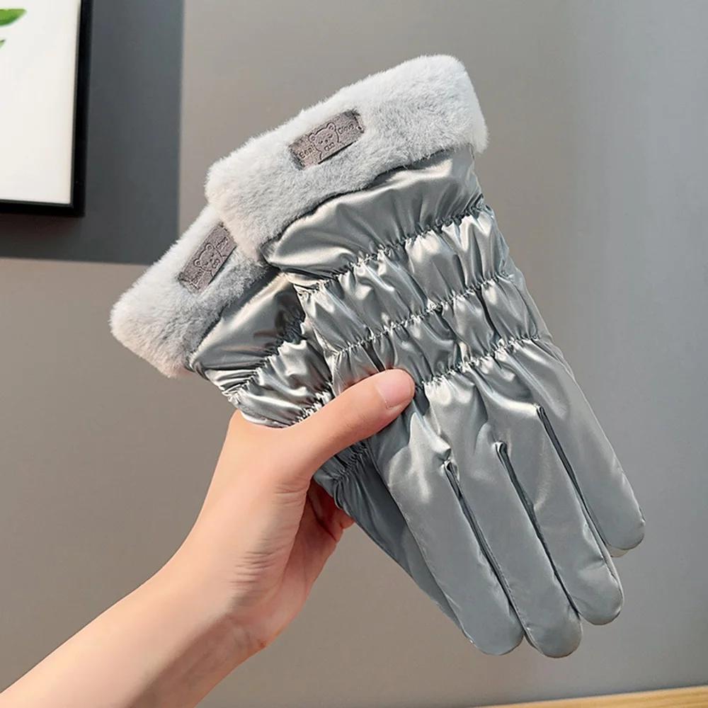 Ski Gloves Women Winter Fleece Thickened Warm Plush Cotton Waterproof Touch-Screen Gloves For Outdoor Riding Mountaineering