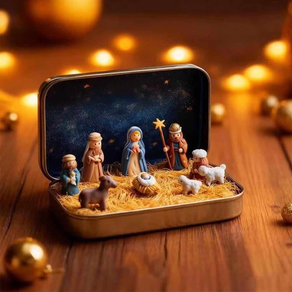 PVC Weihnachtskrippe Mini Größe Blechdose Verpackung Krippenfiguren Set Pferdetrog Design Miniatur Szene Figur