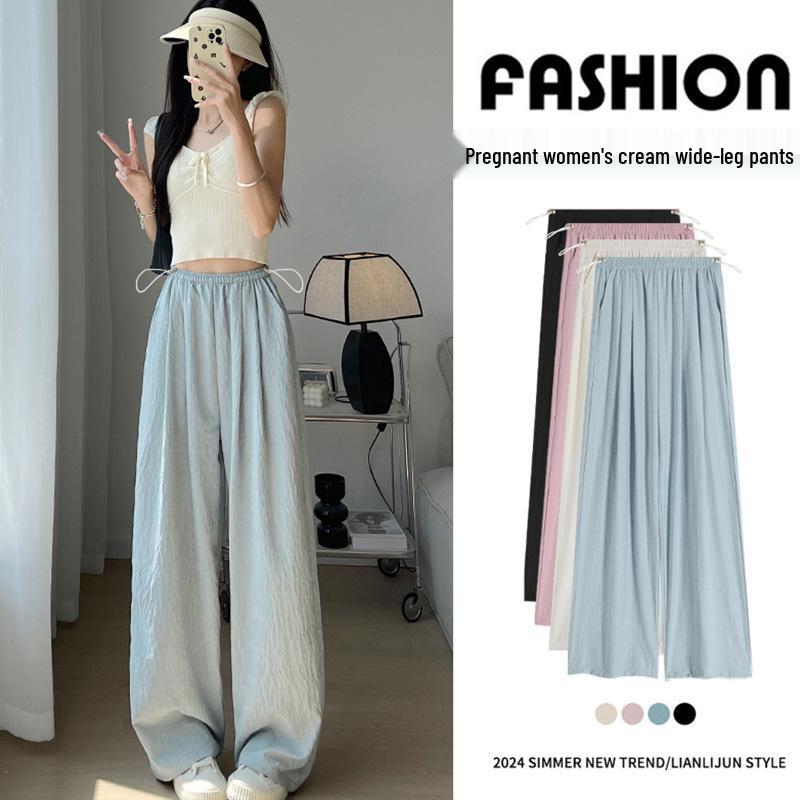 Ice Silk Elastic Wide-Leg Maternity Pants - Summer 2026 High Waist Drape Acetate Texture Pants L