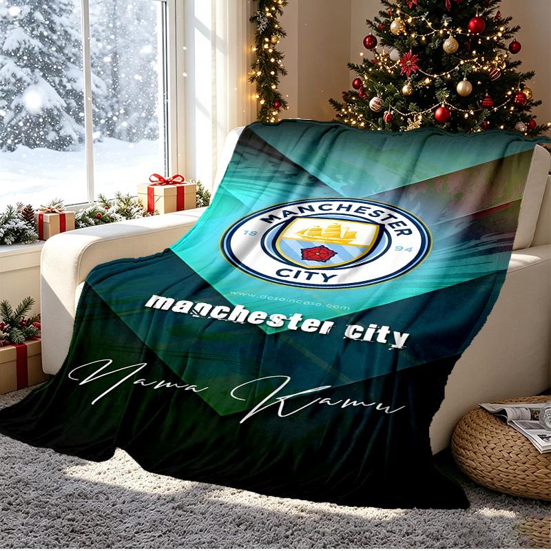 Manchester City FC Pattern Blanket for Home Decoration, Bed, Sofa, Car Travel, Camping, Suitable for All Seasons, Birthday Christmas Gift