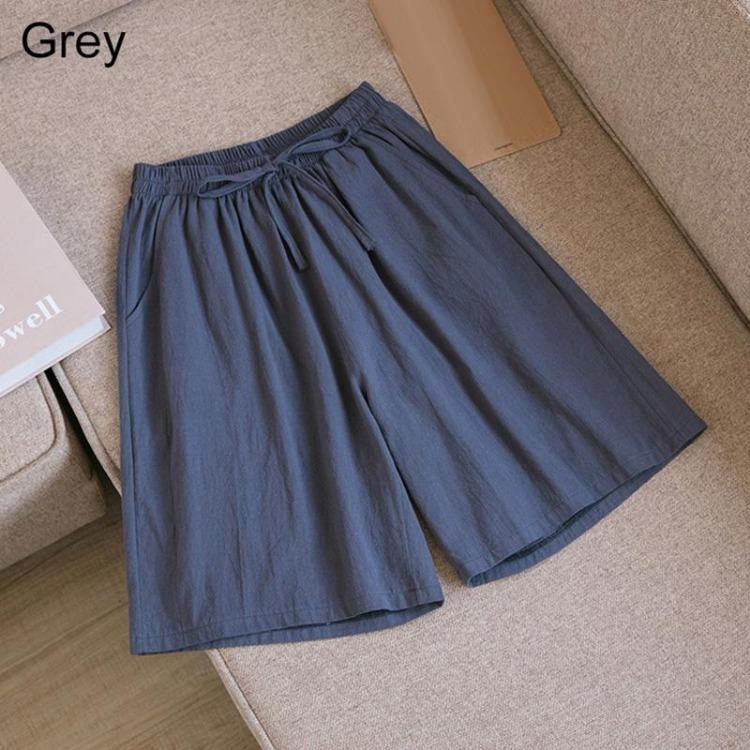 Women's Summer Casual Cotton Linen Shorts with Elastic Waist and Drawstring Comfortable Wide Leg Solid Color Beach Pants