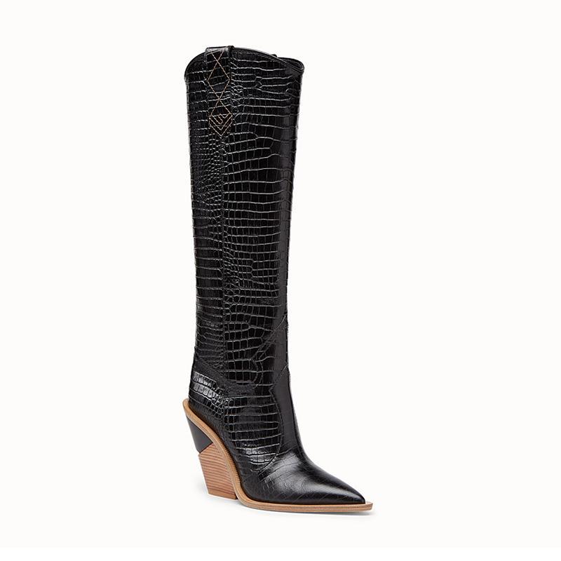Leather women knee high boots pointed toe western cowboy boots women mid-calf chunky wedge boots