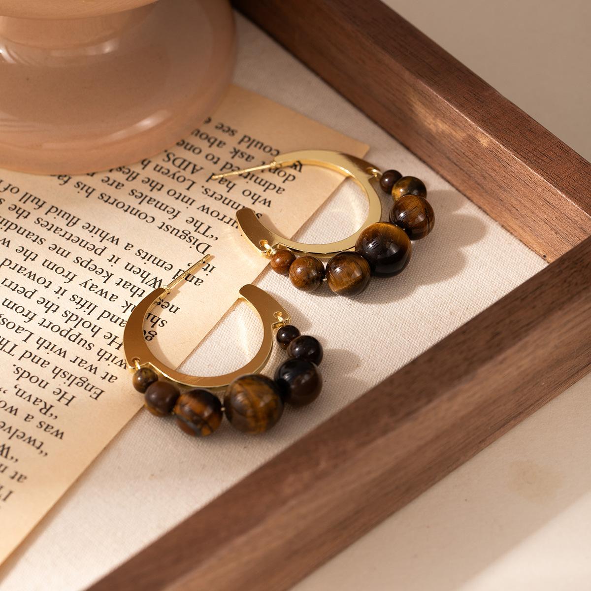 Винтажные серьги-кольца в придворном стиле с тигровым глазом, янтарем, индивидуальный нишевый дизайн, серьги для женщин, подчеркивающие темперамент