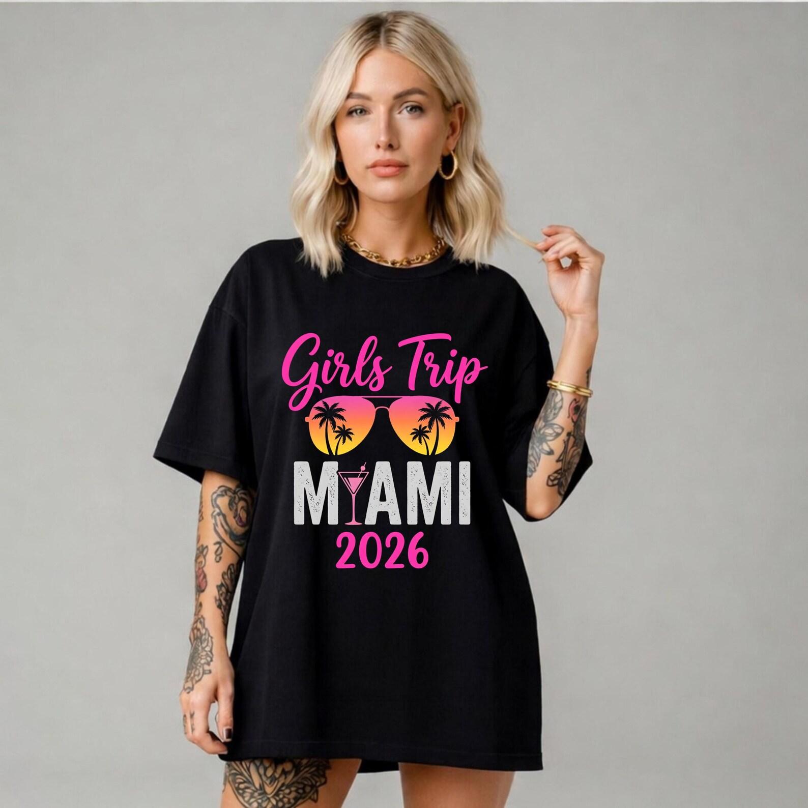 Women s Miami 2026 Girls Trip T-Shirt; Tropical Bachelorette Bash Tee; Miami Squad Vacation Shirt L