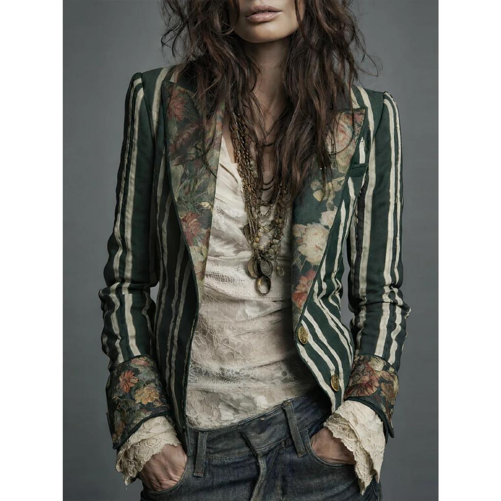 Women's Collared Long Sleeve Striped Blazer Slim Fit Floral Patchwork Casual Open Front Jacket