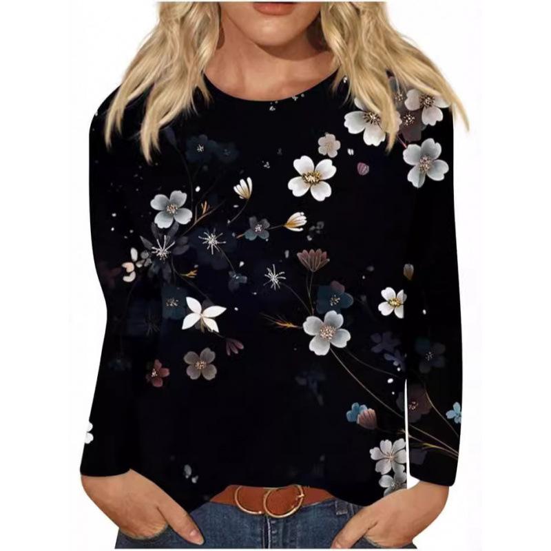 New Women's Round Neck Long Sleeve Loose Printed T-Shirt Ladies Top