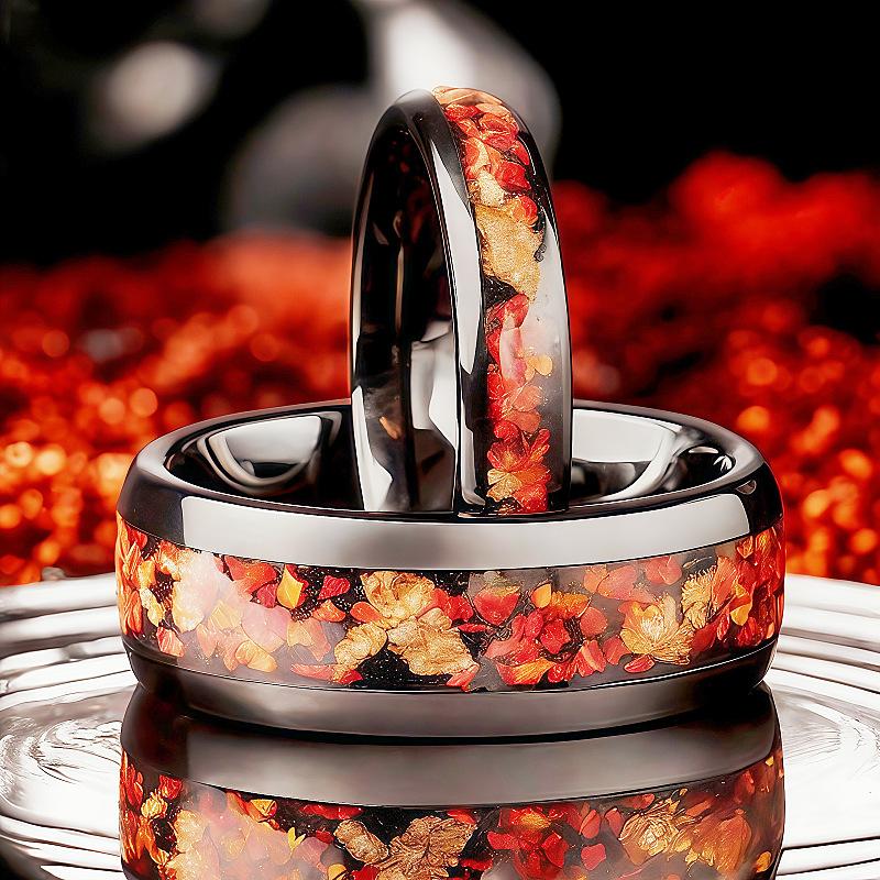 Autumn Maple Leaf Gold Foil Camellia Design Couple Rings Set Romantic Gift For Him And Her Anniversary Jewelry