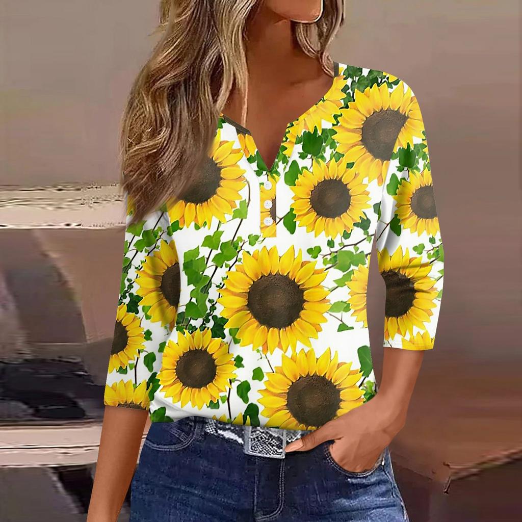 Women's T-Shirt Print Button 3/4 Sleeve Daily Weekend Fashion Basic V-Neck Regular Top