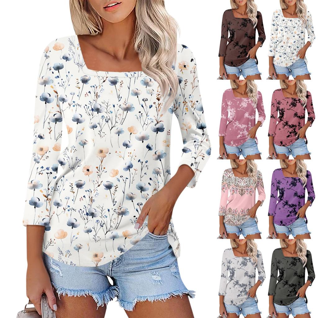 Women's 3/4 Sleeve Square Neck Floral Shirt Casual Loose Tunic Top