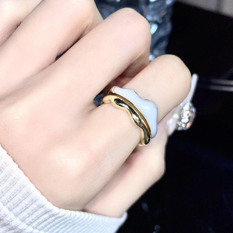 Geometric Checkered Enamel Wave Ring - Trendy Open Design for Women Adjustable Open