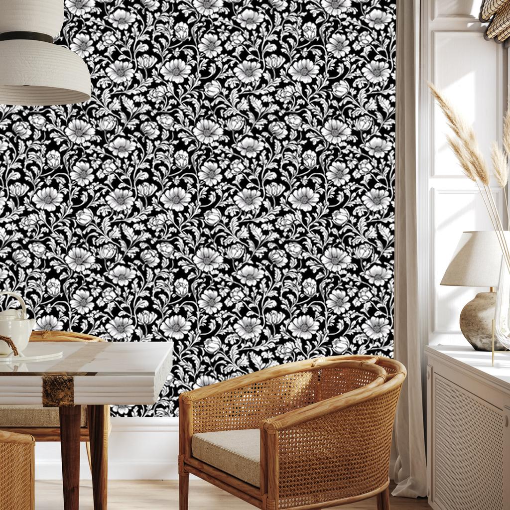 Wallpaper Black and white flowers gray and graphite, gray background 50x1000