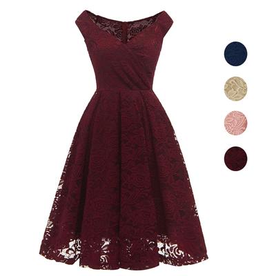 Damen Vintage Blumenspitze Brautjungfernkleid Bardot Schulterfrei Midi Swing Abend Party Cocktail Hochzeit Outfits Formelle Kleider für besondere Anlässe 2022