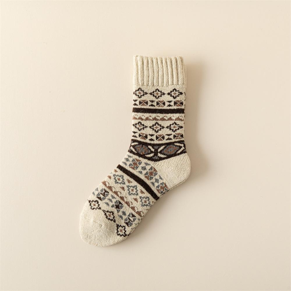 Women's Retro Ethnic Wool Socks - Warm, Fleece-Lined, Mid-Calf for Autumn/Winter