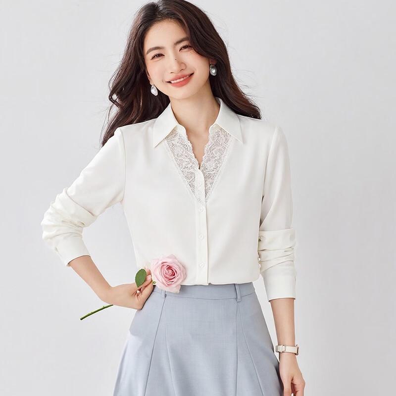 Zuose Lace Trim V-Neck Long-Sleeve Blouse