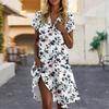 Women's Casual Fashion Lapel Floral Print Dress Short Sleeve V Neck Short Skirt